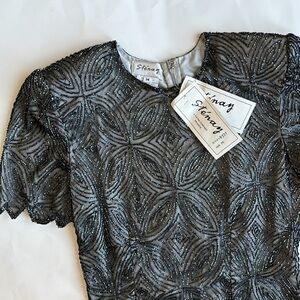 90’s Vintage Stenay Black Beaded Floral Evening Party Blouse Womens Medium NEW